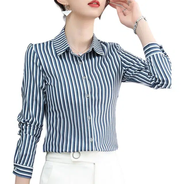 缪斯的诱惑 简约时尚条纹翻领设计轻便透气柔软亲肤柔顺轻盈舒适日常商务休闲便装气质优雅百搭精致上衣衬衫 女款