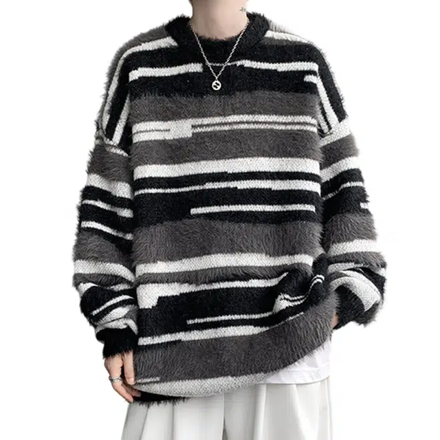 冈哉 马海毛条纹拼接慵懒保暖毛线衣美式复古高街时尚休闲百搭宽松舒适圆领打底针织衫 男女同款