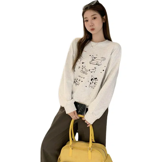 思蓓儿 圆领印花长袖打底衫女秋宽松慵懒风正肩上衣卫衣 女款