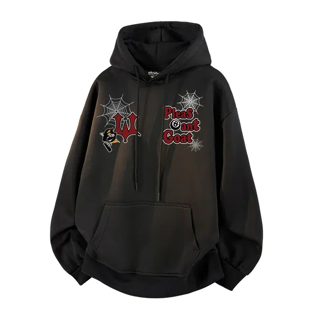 喜羊羊与灰太狼 美式复古高街趣味卡通蜘蛛网字母印花简约基础款长袖套头帽衫学院风日常通勤宽松舒适垂感休闲百搭运动潮牌连帽卫衣 男女同款