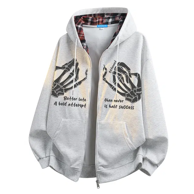 海底小纵队 潮人美式高街复古潮流骷髅手潮牌字母印花格子撞色拼接宽松休闲百搭重磅开衫口袋无性别连帽时尚春秋情侣卫衣 男女同款