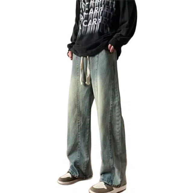 大格子与黑猫 复古潮牌美式做旧直筒高街阔腿休闲牛仔裤 男款