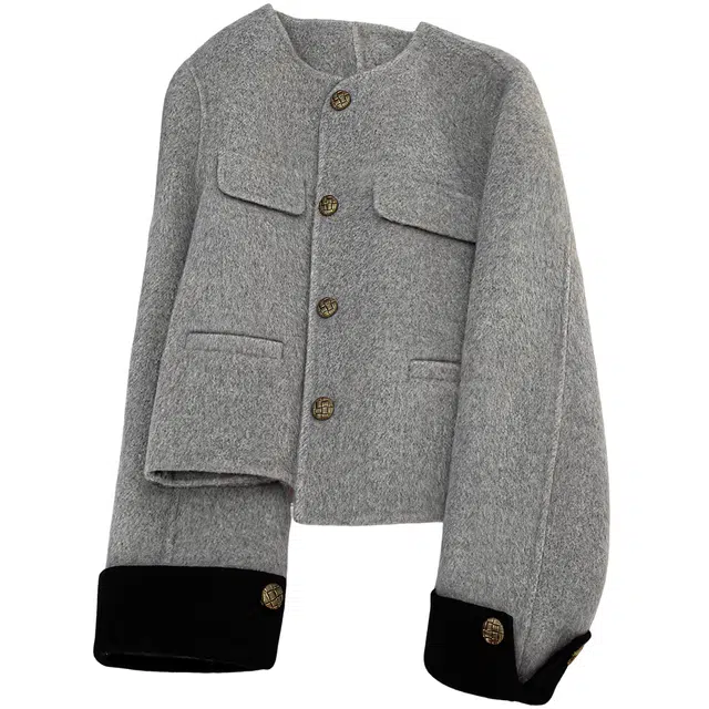 丝柏舍 圆领英伦风宽松款长袖绵羊毛上衣双面呢截短外套 女款