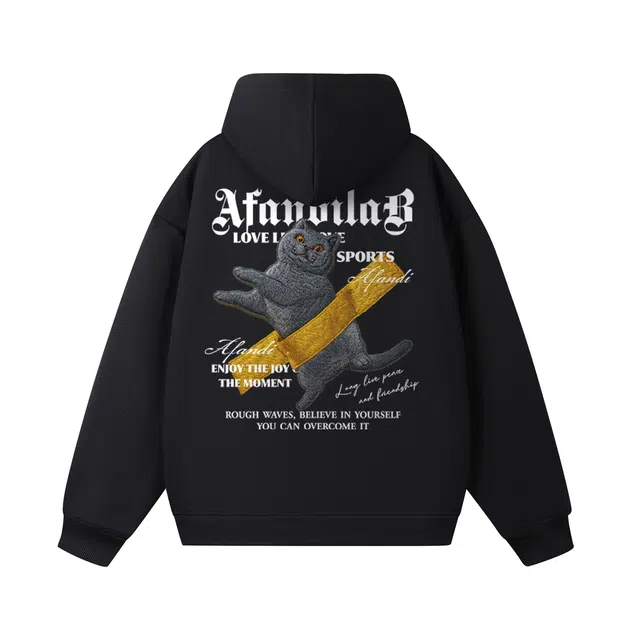 阿凡迪 美式高街哥特风复古萌酷猫咪图案字母印花连帽休闲日常无性别主义经典百搭落肩宽松舒适学生慵懒感长袖卫衣 男女同款