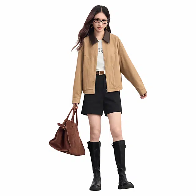 佐塞斯 高端品质轻奢麂皮绒短外套秋冬季休闲复古撞色翻领巴恩风上衣夹克 女款