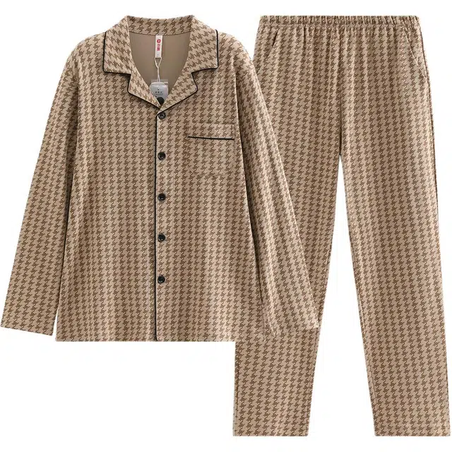 芬腾 男士春秋季纯棉长袖千鸟格青年加大码全棉家居服睡衣套装 男款