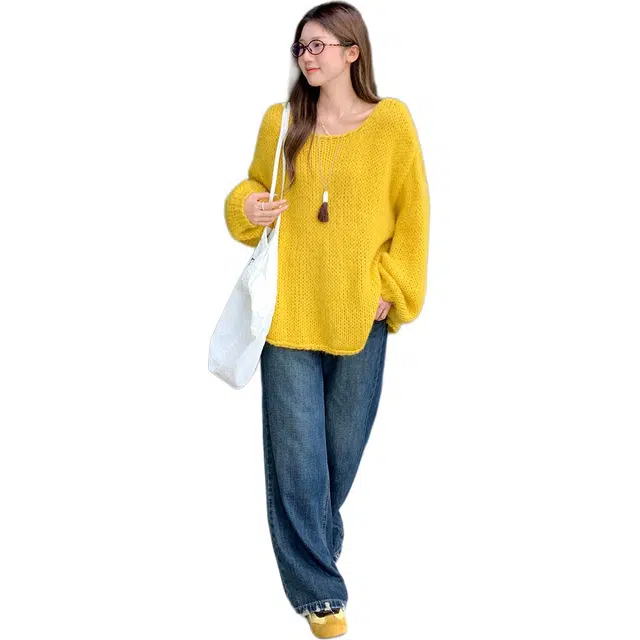 思蓓儿 慵懒风宽松纯色长袖女装秋季百搭显瘦开叉上衣针织衫 女款