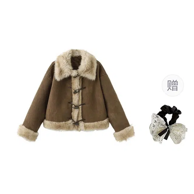 涂诗菲 韩版复古时尚拼接美拉德休闲通勤设计感显瘦毛领上衣绒感外套 女款