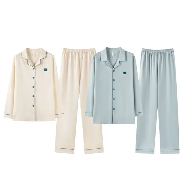 俏韵 翻领春秋季纯棉简约风长袖长裤甜美舒适休闲高级家居服可外穿睡衣套装 男女同款