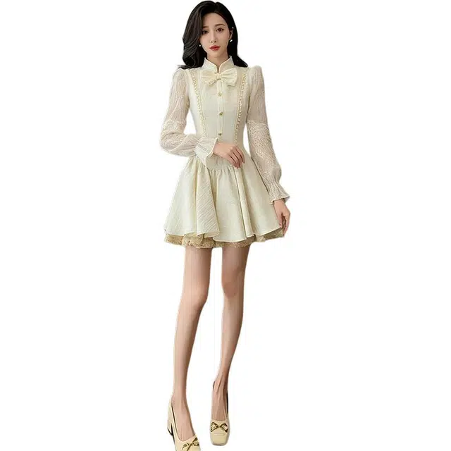 丝絮丝绸 优雅小香风高级感蝴蝶结蕾丝收腰裙子 长袖连衣裙 女款