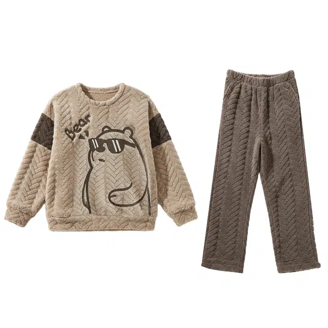 俏霓桐 青少年圆领加厚加绒珊瑚绒保暖舒适卡通学生可外穿家居服睡衣套装 男款