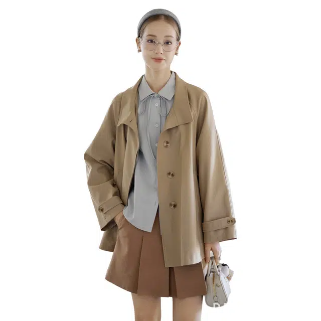 花栗鼠小姐 美拉德色系复古纯色经典廓形高级感斗篷形状长袖外套休闲宽松百搭垂感舒适防风时尚英伦文艺风短款立领小个子风衣 女款