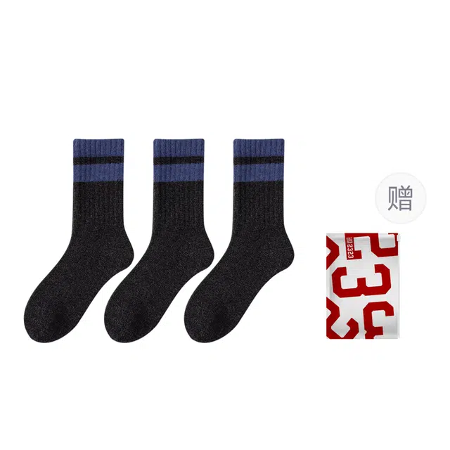 二三二三 羊毛保暖抗寒撞色条纹运动袜舒适柔软吸汗透气高弹居家休闲袜日常通勤跑步爬山健身骑行滑雪中筒袜 男款