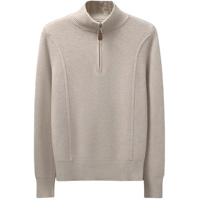 她池 通勤简约风纯色半拉链套头修身正肩长袖针织衫 女款 燕麦色