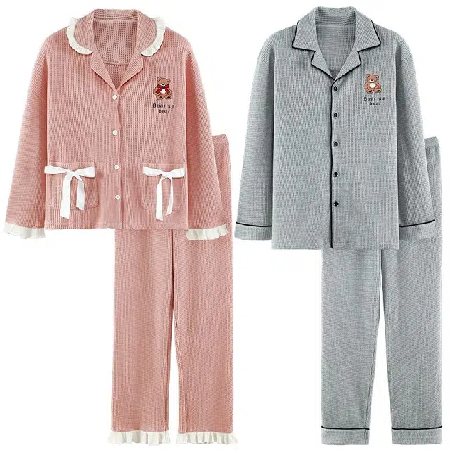 俏韵 翻领春秋季简约长袖长裤甜美舒适休闲高级家居服可外穿睡衣套装 男女同款