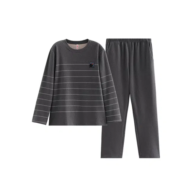 芬腾 情侣春秋季慕斯绒圆领长袖简约条纹休闲男士家居服睡衣套装 男款