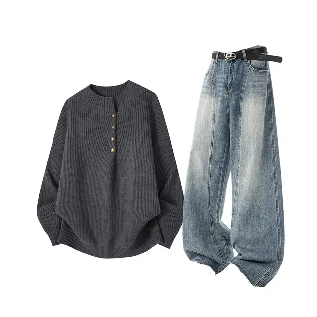 梓润格 美式秋冬户外时尚慵懒斜襟纽扣套头痞帅高级针织衫毛边设计氛围青春学院风高街复古感水洗牛仔长裤弯刀休闲运动套装 男女同款