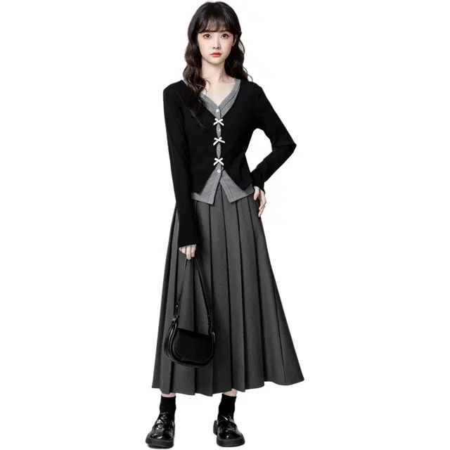 古莲菲 秋冬季设计感假两件蝴蝶结长袖针织衫显瘦高腰百褶半身裙女两件套裙装套装 女款