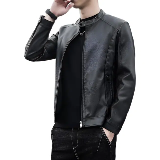 左岸 美式复古男士百搭机车服纯色气质加厚加绒外套舒适柔软设计立领保暖潮流休闲修身显高痞帅酷潮长袖上衣皮衣 男款