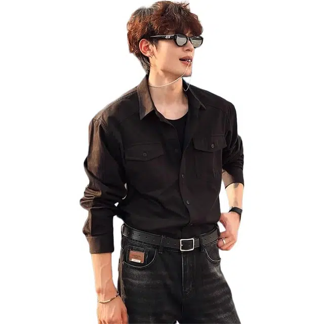 拓菲 秋季美式宽松工装衬衣口袋男士高品质潮流百搭纯色休闲外套韩版衬衫 男女同款