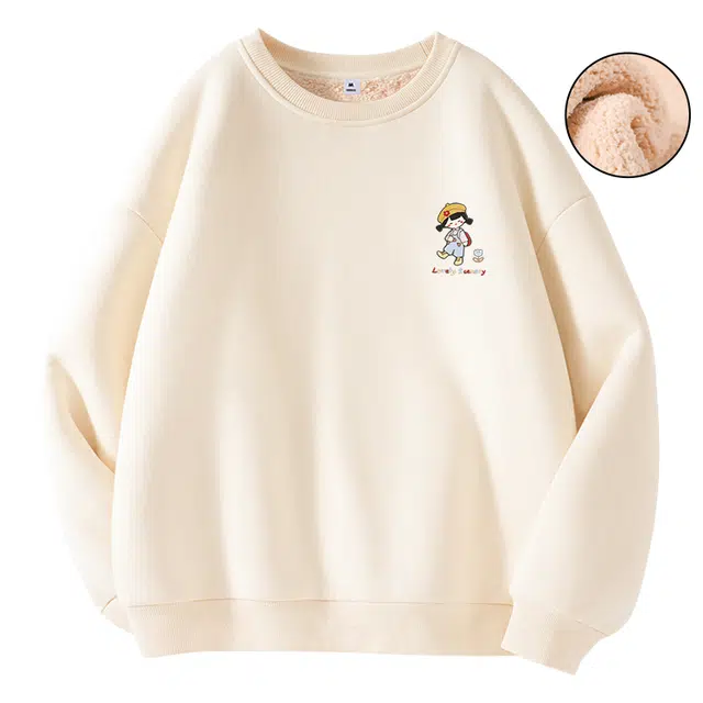 棉致 多巴胺线条小女孩涂鸦百搭创意时尚简约羊羔绒加绒加厚柔软细腻保暖舒适休闲日常圆领长袖卫衣 男女同款