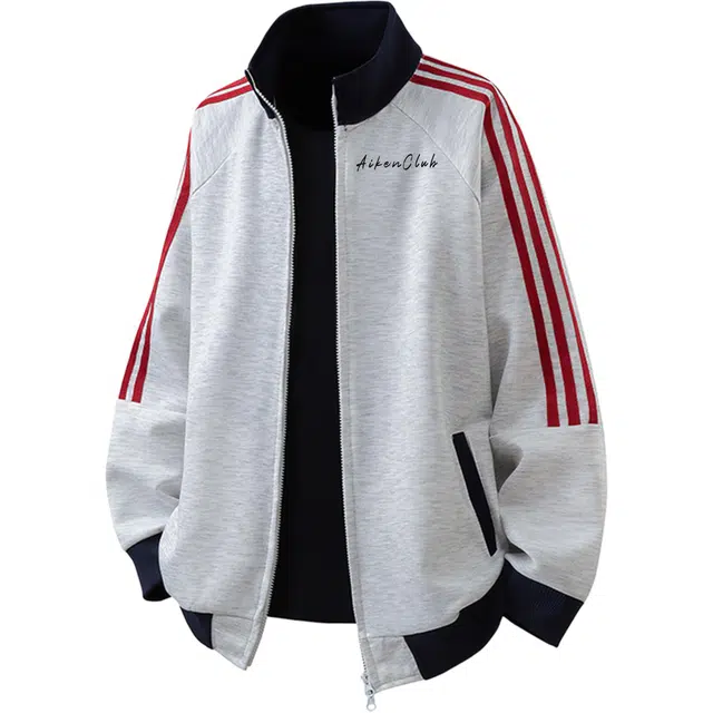 爱肯 高街美式复古基础款百搭无性别主义穿搭立领感拼接撞色侧边织带三条杠插肩袖休闲宽松防风双拉头运动开衫春秋款外套卫衣 男女同款