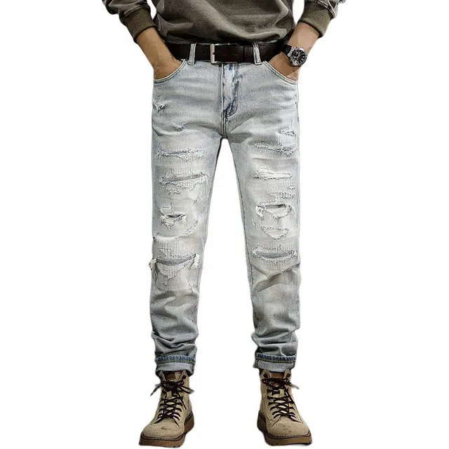 遨宇 美式复古磨白水洗修身极简破洞痞帅户外百搭牛仔裤 男款