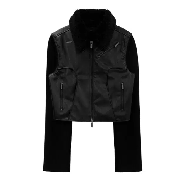 TREEMINGBIRD 2-way Collar Knit Sleeve Vintage Leather Jacket