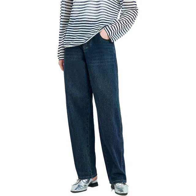 木果果木 秋季 复古蓝松弛感纯色高腰牛仔裤 宽松 女款