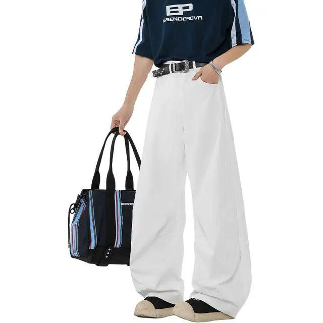 太子龍 秋季纯色潮流拖地弯刀裤中性风宽松港风休闲裤 男女同款