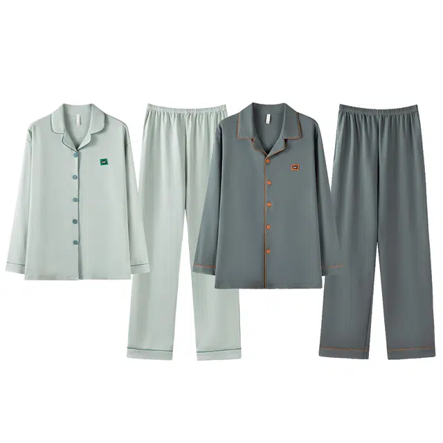 俏韵 翻领春秋季款纯棉简约长袖长裤甜美舒适休闲家居服可外穿睡衣套装 男女同款