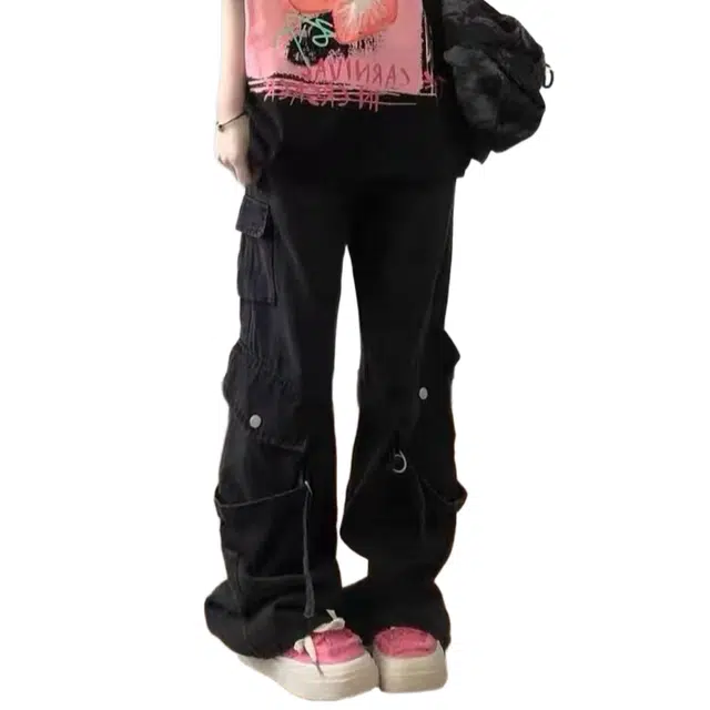 大格子与黑猫 美式高街设计感工装春秋款复古高腰直筒宽松显瘦阔腿裤子 牛仔裤 男女同款