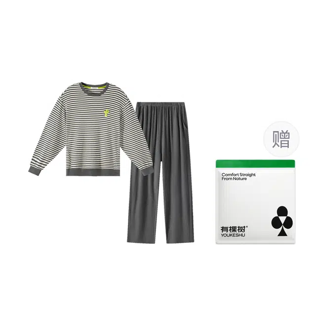 有棵树 秋季轻暖条纹男士家居服圆领长袖长裤柔软亲肤可外穿睡衣套装 男款