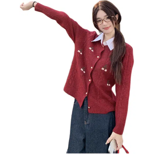 思蓓儿 假两件衬衫领外套套装学院风软糯开衫针织衫 女款