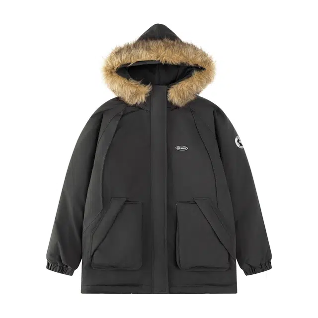 奇迹街区 美式纯色字母国潮宽松加厚情侣百搭棉衣设计感复古保暖休闲外套连帽毛领冬季棉服 男女同款