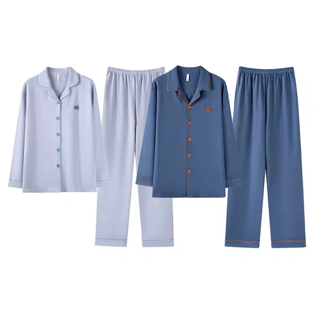 俏韵 翻领春秋季款纯棉简约纯色长袖长裤甜美舒适休闲家居服可外穿睡衣套装 男女同款