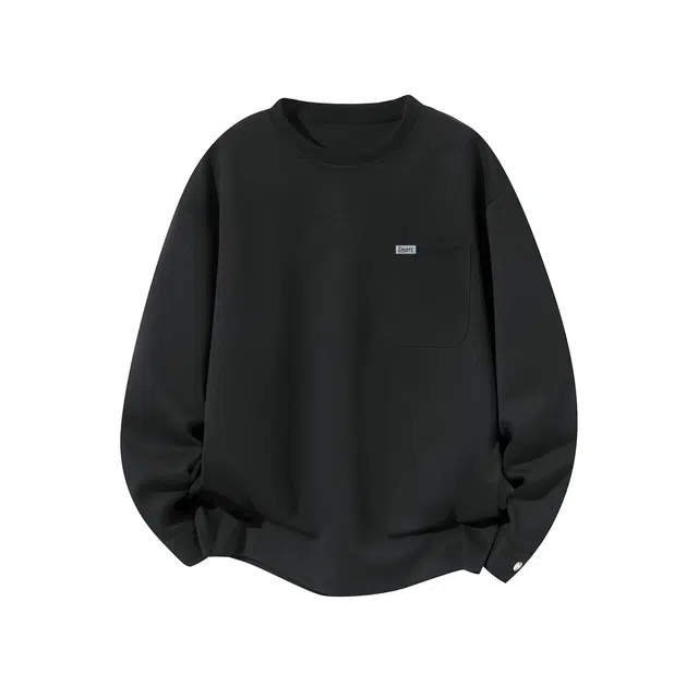 蓝精灵 美式高街潮流纯色简约胸前口袋设计宽松舒适百搭时尚户外日常通勤圆领落肩长袖卫衣 男女同款