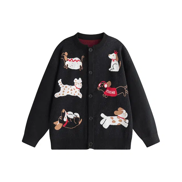 欧迪芬 卡通小狗美式复古刺绣动物常规青春活力风春秋季潮百搭情侣开衫外套毛衣 男女同款