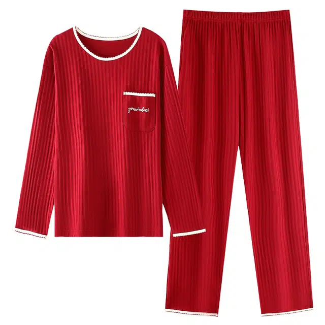 草本初色 本命年红色纯棉亲肤柔软面料简约大方时尚设计带胸垫透气舒适套头长袖长裤两件套可外穿家居服睡衣 女款