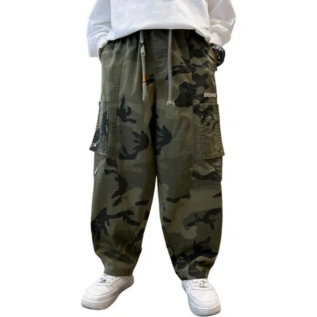 黑恐龙牛仔裤 迷彩多口袋加绒宽松休闲长裤 青少年