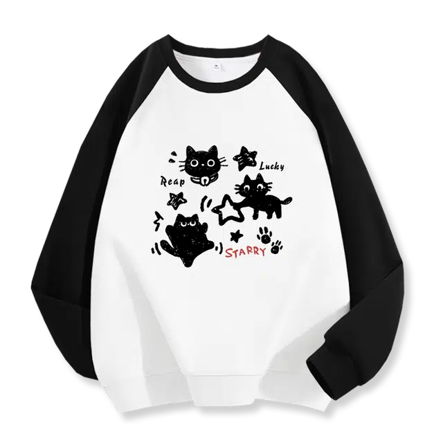 棉致 星星猫咪涂鸦时尚百搭潮流个性撞色拼色插肩休闲简约无性别主义舒适柔软圆领长袖卫衣 男女同款