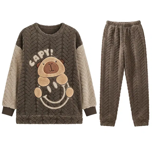 俏霓桐 青少年圆领加厚加绒珊瑚绒保暖舒适卡通可爱学生可外穿家居服睡衣套装 男款