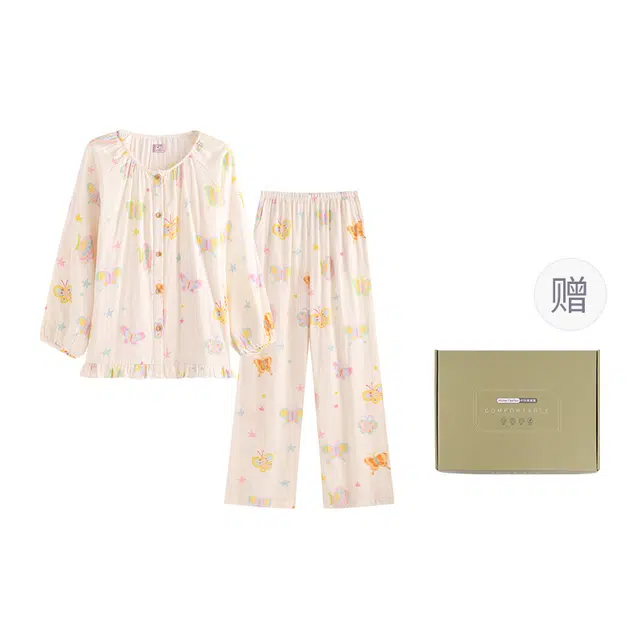 侘町 秋季彩色蝴蝶结圆领宽松柔软透气睡衣礼盒 女款 图片色