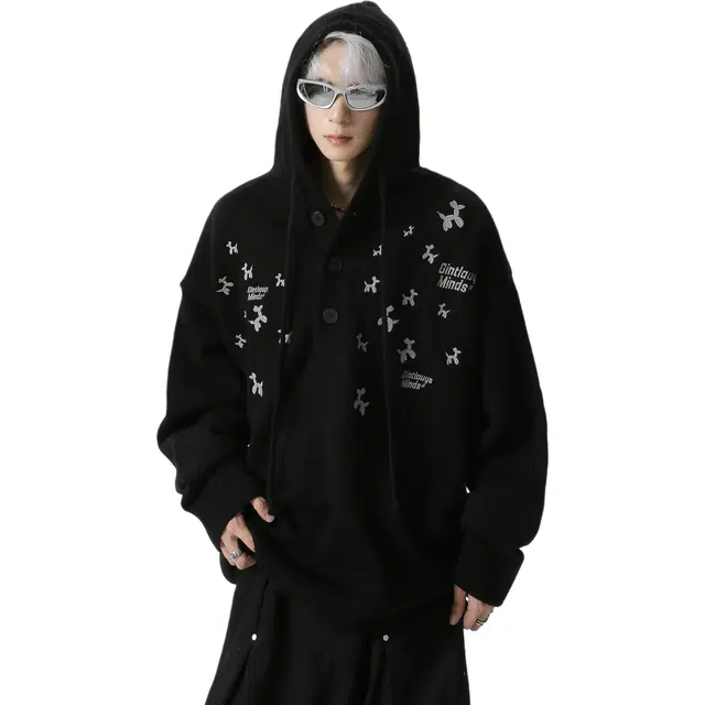 艾梵斯贝 美式复古潮流小狗刺绣设计款针织衫日常通勤百搭宽松休闲时尚高级感潮酷连帽卫衣 男女同款