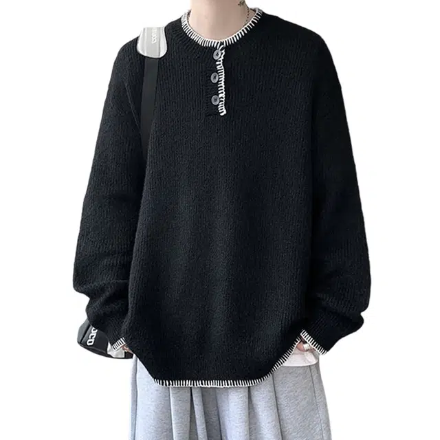 冈哉 撞色手缝线拼接美式复古慵懒感学院风简约舒适保暖宽松休闲日常通勤百搭针织衫 男女同款