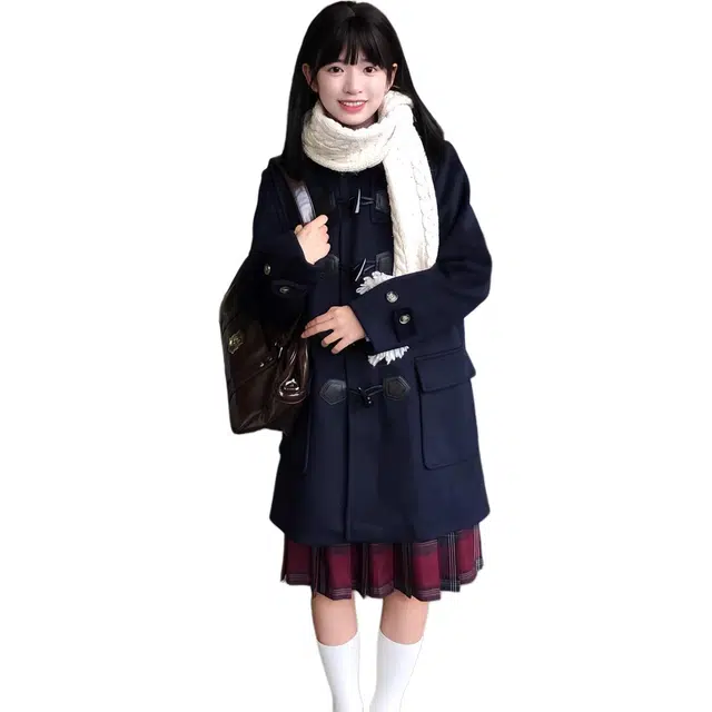 邓大喵 小众不撞款日系连帽牛角扣女学院风加厚长款外套秋冬穿搭大衣 女款