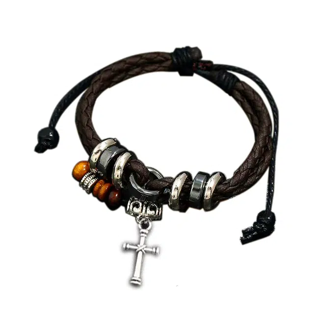 仙友 新中式简约个性十字架朋克街头嘻哈创意百搭复古民族风嘻哈中性小众设计感时尚潮酷优雅气质 柴木 手绳 男女同款情侣款