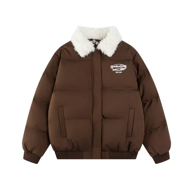 奇迹街区 美式复古拼接毛领短款面包服外套百搭加厚设计感字母图案印花宽松舒适简约个性翻领保暖棉衣冬季棉服 男女同款