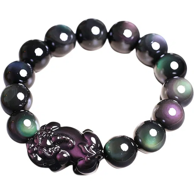 妍韵珠宝 彩虹眼貔貅高级感 黑曜石 玉石手串 男女同款情侣款
