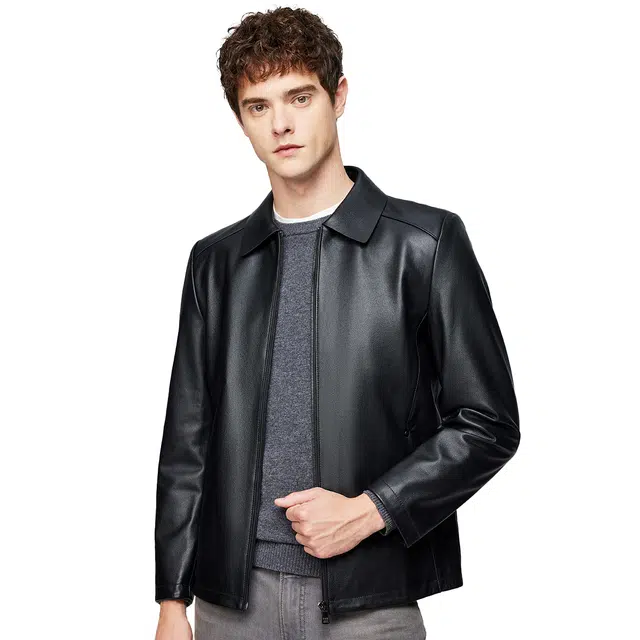 红豆 头层小牛皮高端真皮商务休闲荔枝纹翻领皮夹克通勤秋冬外套皮衣 男款